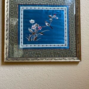 Charming Bird and Floral Wall Art in Blue and Gold Frame
